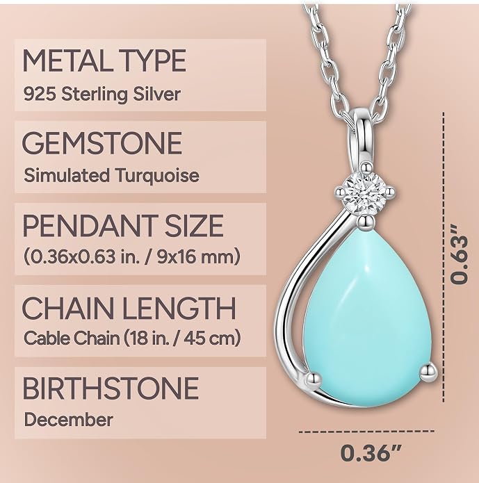 ADITA GOLD Birthstone Necklace for Women, 925 Sterling Silver Teardrop Pendant, Simulated Gemstone, Birthstone Jewelry