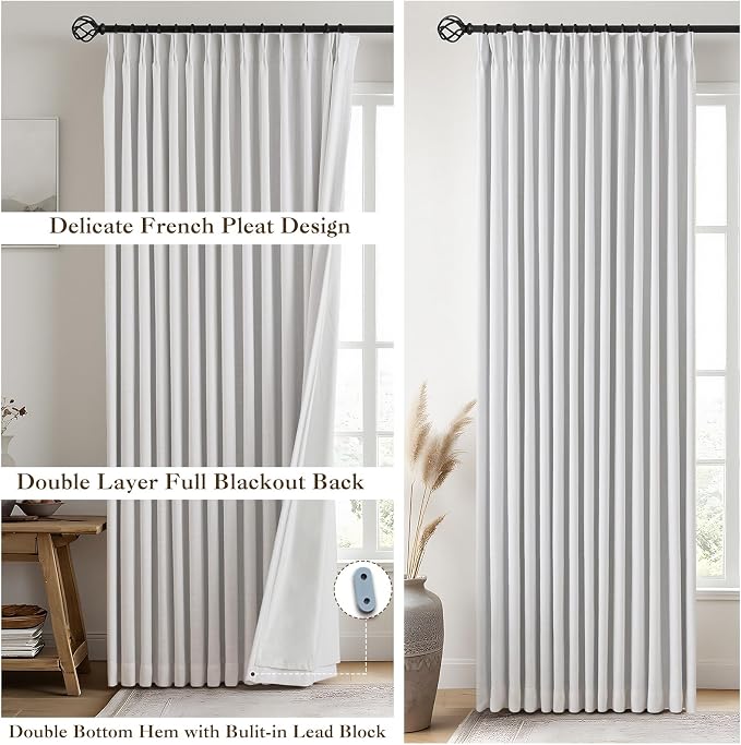 IVAPUPU Linen Pinch Pleated Full Blackout Curtains for Bedroom - 2 Pages Black Out White Curtains 108 Inch Long 2 Panel for Living Room Darkening Thermal Window Curtain Drapes with 16pc Hooks