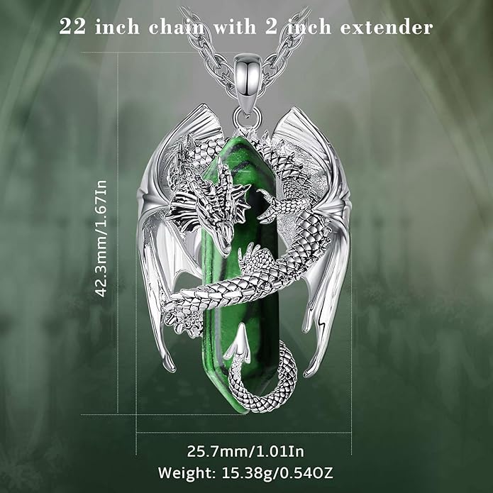 INFUSEU Unique Dragon Necklaces with Healing Crystal Stone for Men Women, Personalized Spiritual Gifts, 24 Inch Chain