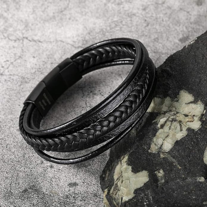 murtoo Mens Leather Bracelet with Clasp Cowhide Multi-Layer Braided Leather Mens Bracelet