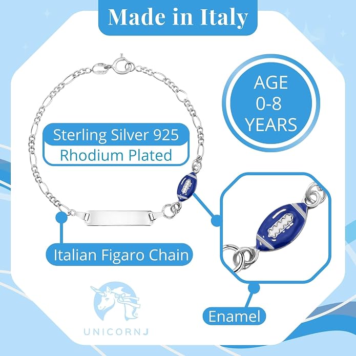UNICORNJ 925 Italy Sterling Silver Child or Baby Name Bracelet Girls Boys, Personalized Engraved Kids ID Bracelets, 6.5" Figaro Chain, Enamel Charm Newborn Infant Toddler Kid Jewelry