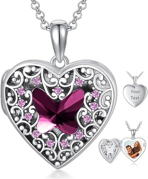Dorunmo Personalized Locket Necklace 925 Sterling Silver that Holds Pictures Butterfly Birthstone Photo Heart Locket Custom Jewelry Congratulations New Beginnings New Job Gifts for Women