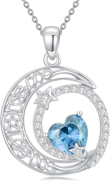 Dorunmo Heart Birthstone Necklace for Women 925 Sterling Silver Moon and Star Pendant Birthday Jewelry Gifts for Wife Her Daughter Mom