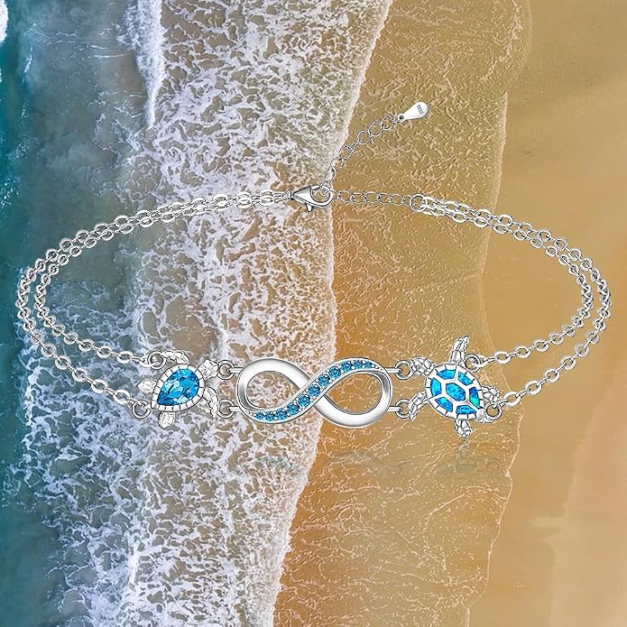 Fenthring Turtle Anklets for Women Turtle Ankle Bracelet Blue Opal Sea Sterling Silver Infinity Wave Ocean Beach Summer Jewelry Mothers Day