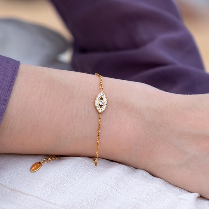 JUN MEIR'S 18K Gold Plated Evil Eye Adjustable Bracelet for Women, Simple Zirconia Link Bracelet, Birthday Anniversary Jewelry Gifts for Wife, Mom, Best Friend