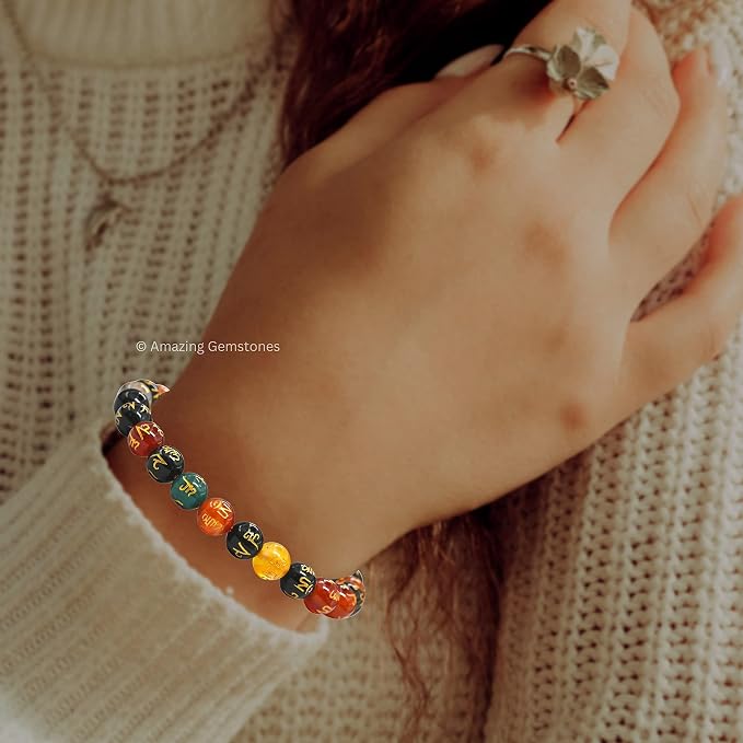 Amazing Gemstone Om Mani Multi Gems Bracelet for Women Men's Gifts - Protection Healing Crystal Bracelet - 8mm Gemstones Beaded Adjustable Bracelet Pulseras para Hombres Mujer Stocking Stuffers