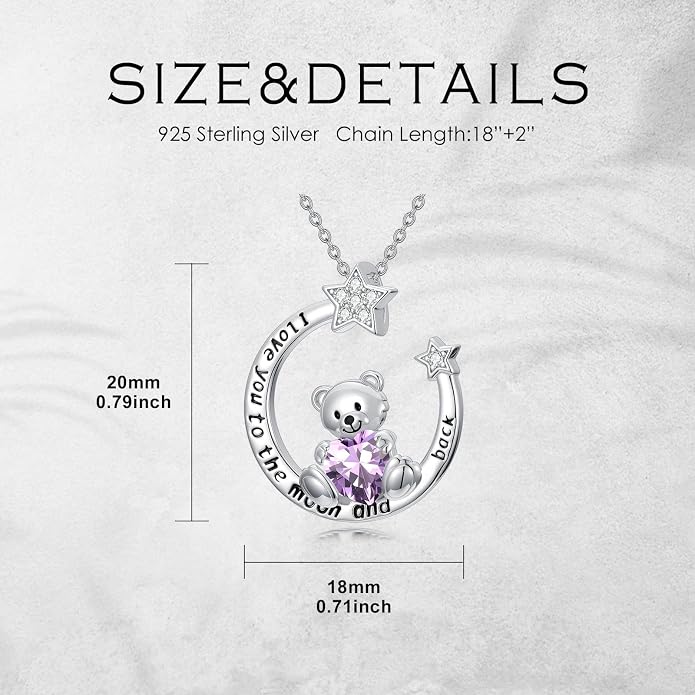 PELOVNY Teddy Bear Necklace for Women 925 Sterling Silver Bear/Highland Cow/Fox/Cat/Axolotl Birthstone Necklace Christmas Birthday Jewelry Gifts for Mom Daughter Wife Sister