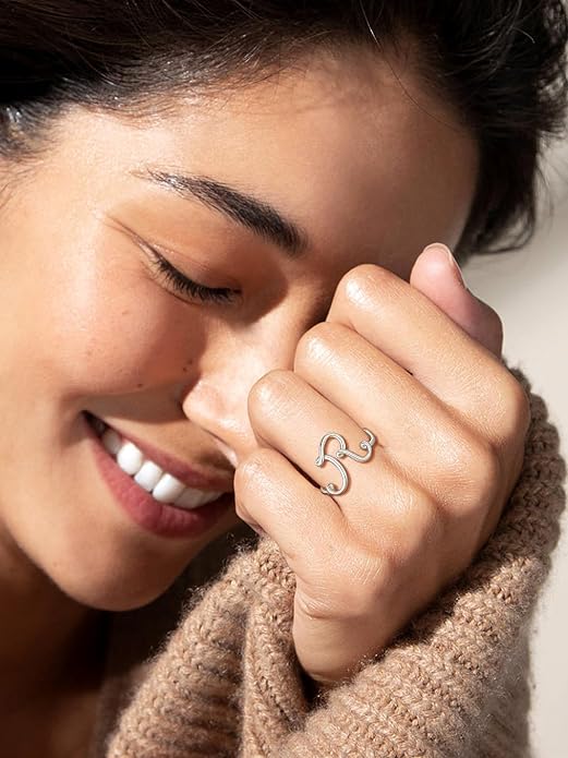 SILVERCUTE S925 Initial Rings, Adjustable Size 6-12 Statement Alphabet Letter A-Z Jewelry Personalized Twisted Initials Rings Sterling Silver Stacking Ring for Women