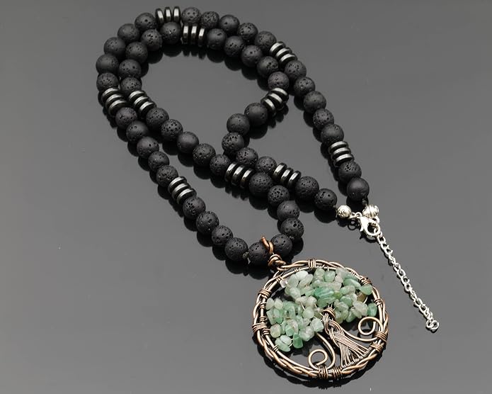 ElisaJewelryArt - Natural Labradorite Big Tree Of Life Black Lava Stone Beaded Necklace Genuine Gemstone Energy Stone Clasp Closure Necklace Unisex Necklace
