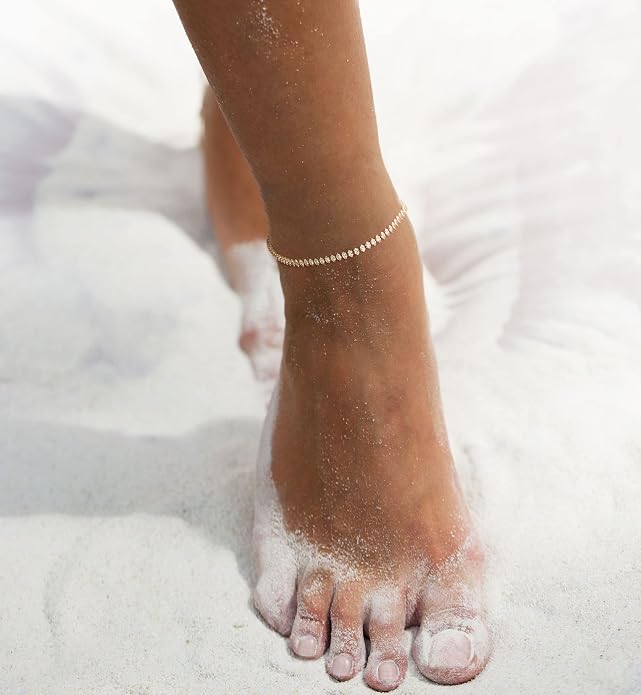 Gold Ankle Bracelets for Women, 14K Gold Plated Anklets Adjustable Cuban Link Anklets Set Tiny Cute Summer Barefoot Jewelry Gift.