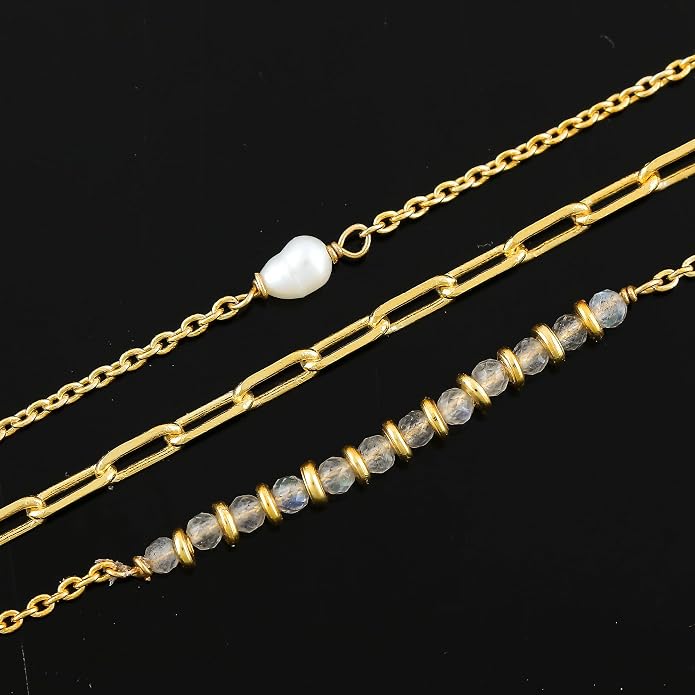 Beads With Pearl 3 Layered Necklaces for Women 14k Gold Plated Dainty Stackable Choker Necklaces for Women Trendy Layering, Cuban Link, Paperclip Chain, For Women Gifts