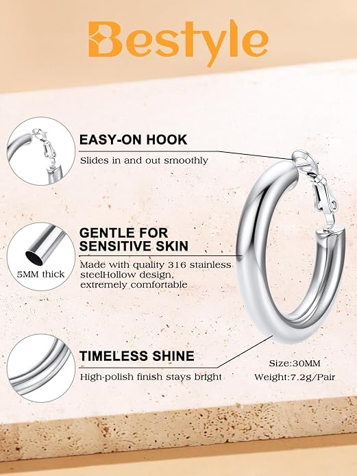 Bestyle 5mm Thick Gold Hoop Earrings Hypoallergenic Hoops for Sensitive Ears Trendy Lightweight Chunky Earrings for Women 30/40/60/80mm
