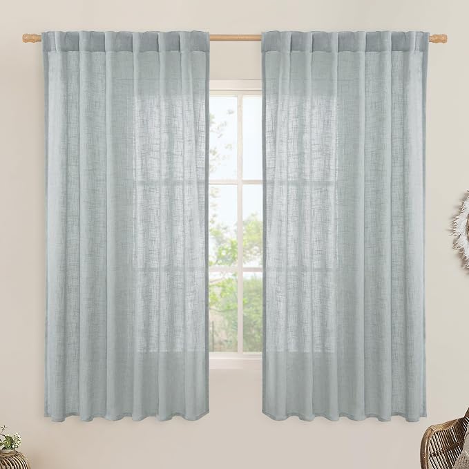 LAMIT Faux Linen Curtains 63 inches Long for Bedroom, Back Tab and Rod Pocket Linen Drapes Light Filtering Semi Sheer Curtains for Small Window/Farmhouse, 2 Panels (52 x 63 Inch, Greyish Blue)