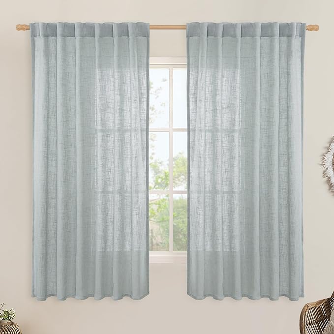 LAMIT Greyish Blue Semi Sheer Linen Curtains 60 Inch, Light Filtering Neutral Window Panels Farmhouse Boho Back Tab and Rod Pocket Drapes for Bedroom, 2 Panels, 52 x 60 Inch