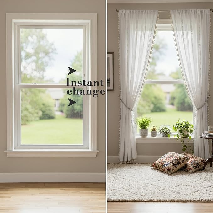 ColorBird White Boho Curtains Linen-Textured Light Filtering for Living Room Bedroom 63 Inch Farmhouse Embroidered Striped Whimsical Drapes Window Treatment for Dining Room Kitchen