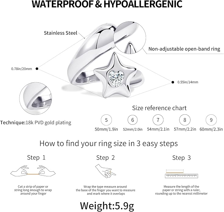 Chunky Gold Rings for Women Stainless Steel Non Tarnish Star&Heart Cubic Zirconia Teardrop Ring 18K Gold Plated Statement Dome Rings Stackable Jewelry for Women