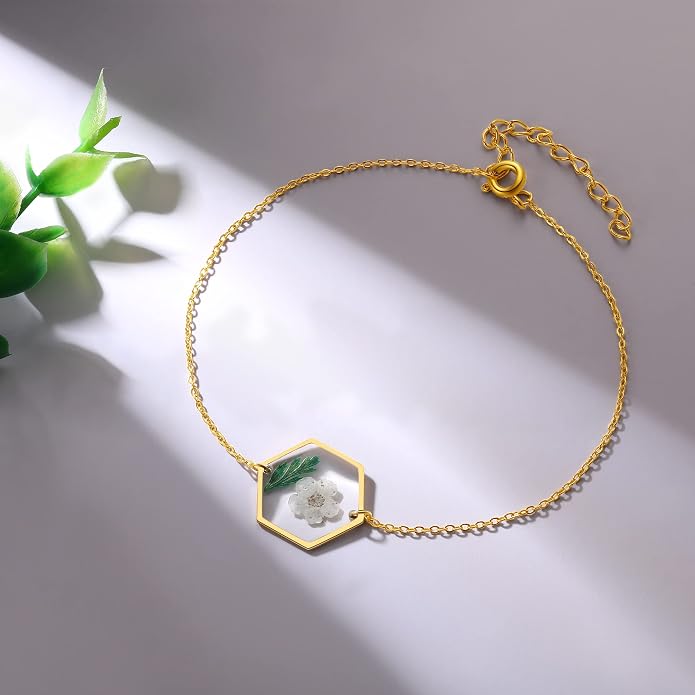 AUNTESIGN Forget-Me-Not Pressed Wildflower Bracelet | Pressed Flower Bracelet | Gold/Silver Pressed Flower Jewelry | Personalized Handmade Jewelry | Gift For Women
