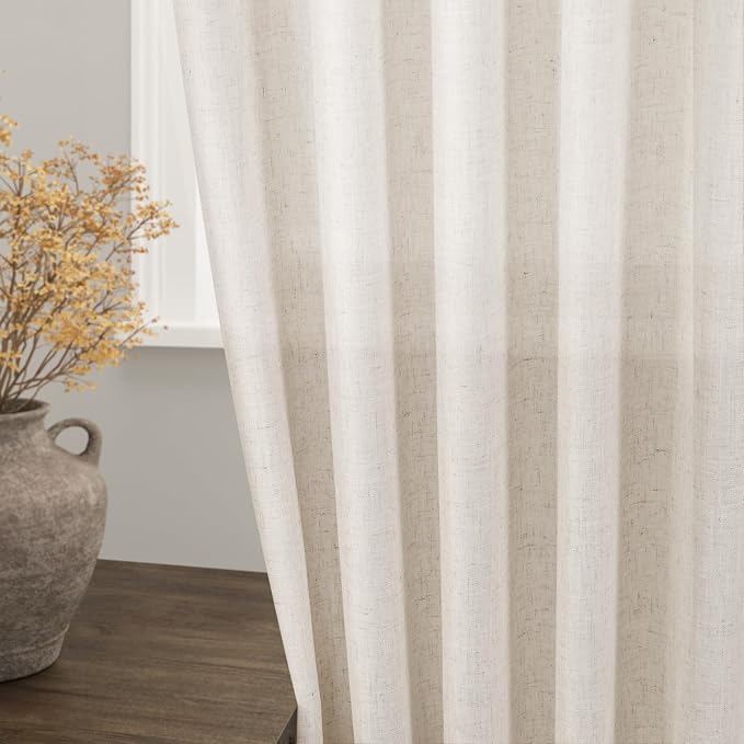 Nanspring Beige Semi Sheer Linen Curtains 90 Inches Long for Living Room 2 Panels Set Back Tab Rod Pocket Linen Tall Vertical Curtains Light Filter Privacy Curtain Drapes for Bedroom Aesthetic 60x90