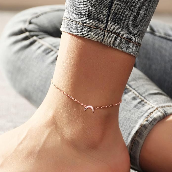 ChicSilver Personalized 925 Sterling Silver Tiny Heart/Moon/Star/Sun/Dot/Triangle Anklets Simple Dainty Foot Jewelry for Women, Silver/Gold Plated/Rose Gold Plated