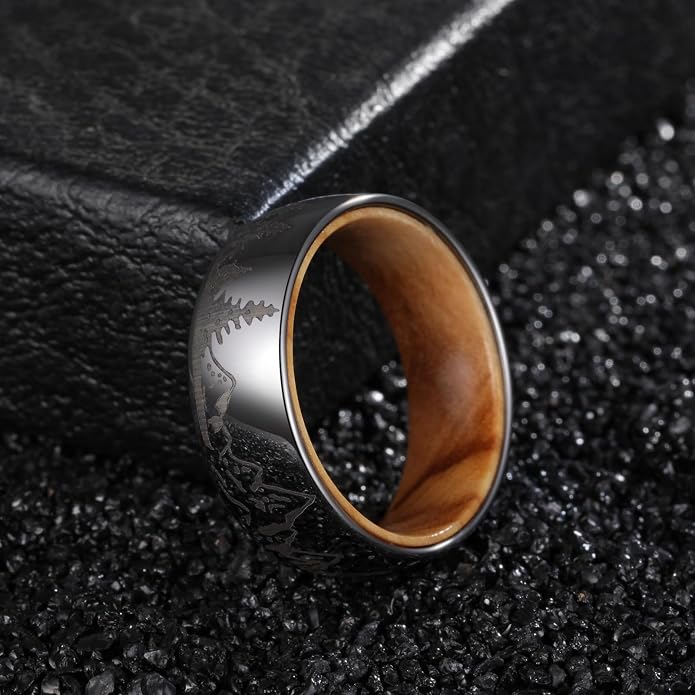 Forest Rings for Men 8 mm Black Plated Wedding Band with Wood Liner Comfort Fit