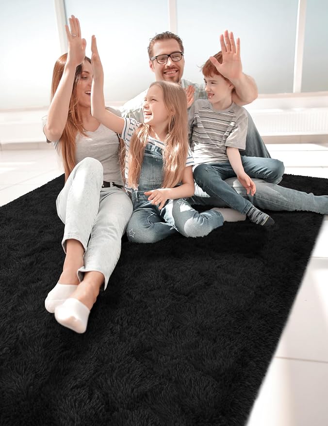 Fluffy Area Rugs for Bedroom Decor Aesthetic, 8x10 Large Black Shag Rug with Non-Slip Backing for Living Room, Fuzzy Plush Carpet Washable Rug Modern Home Decor for Kids Nursery Boys Room
