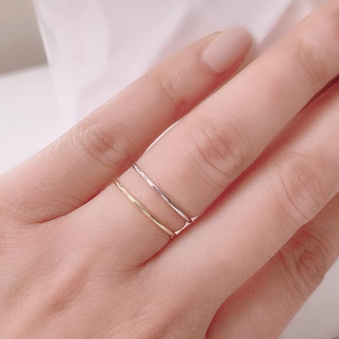 JEWELHEART 14K Solid Gold Wedding Band For Women - 1mm Yellow and White Real Gold Thin Simple Knuckle Midi Ring - Dainty Stackable Rings Size 5, 6, 7, 8
