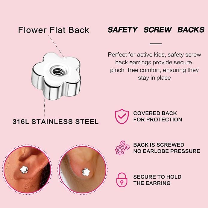 GraceWhisper 9 Pairs Hypoallergenic Earrings For Girls Women-Surgical Stainless Steel Flower Flat Screw Back Stud Earrings For Sensitive Ears Cute Toddler Kids Baby Earrings