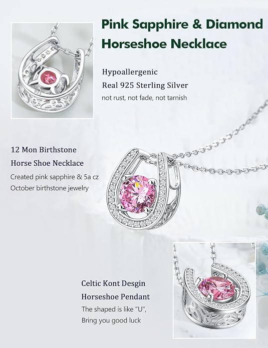 925 Sterling Silver Horseshoe Necklace for Women Round Gemstone Birthstone Necklace Sapphire/Emerald/Ruby/CZ Horse Shoe Pendant Necklaces Jewelry Gift