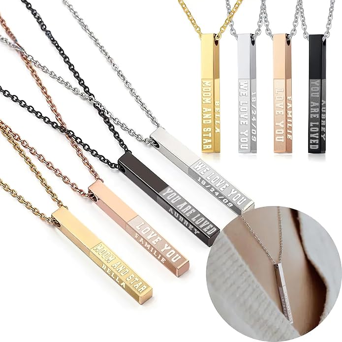 Personalized 3D Vertical Bar Necklace, Custom Necklace Engraved with Any Name Pendant Jewelry Mothers Day Gift