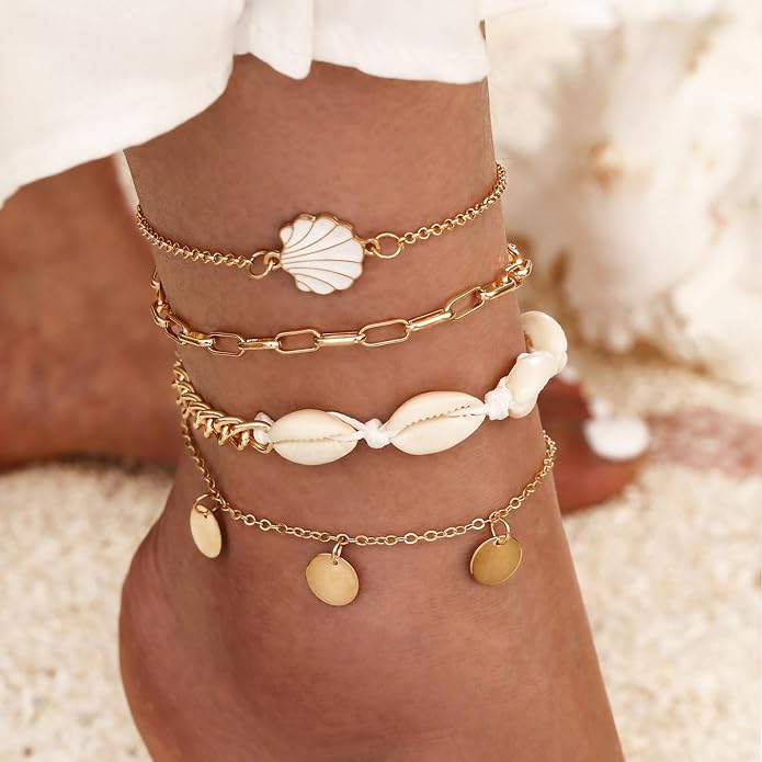 Qceasiy Bead Ankle Bracelets Set For Women, Adjustable Gold Plated Boho Shell Anklet, Hawaiian Beach Seashell Pearl Disc Starfish Conch Foot Jewelry, Summer Fashion Gifts