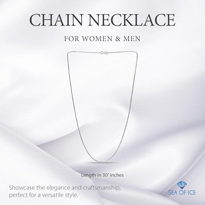 SEA OF ICE Chain Necklace 925 Sterling Silver with Ring Clasp Closure, Italian Box Necklace Chain Necklace for Women & Men, Available in Gold, Rose Gold, Silver, and Black Rhodium, Multisize