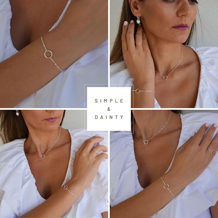 NOKMIT Solid 925 Sterling Silver Bracelets for Women, Dainty Interlocking Circles Cubic Zirconia Adjustable Chain Bracelet, Trendy Stackable Link Bracelets, Simple Cute Jewelry Gifts