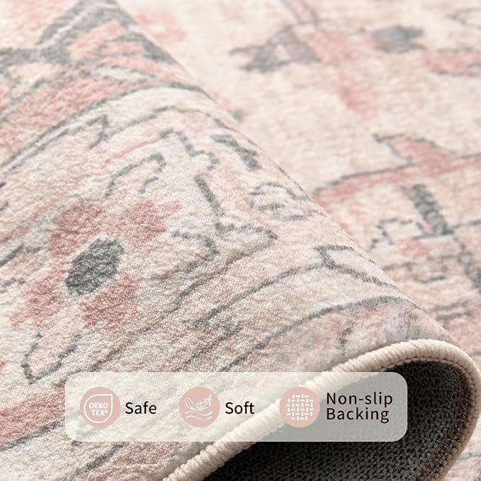 Rugxara Pink Rug 5x7 Area Rugs Washable Rug for Bedroom Nursery Room | Non Slip, Rug for Living Room Girls Kids Room Dining Room, Stain Resistant, Soft, Vintage Boho Carpet, Low Pile, Home Decor
