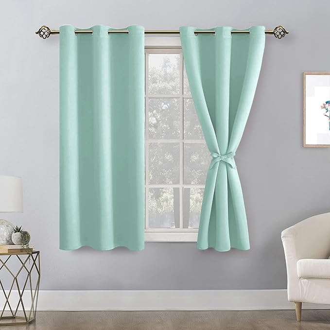 Hiasan Short Blackout Curtains for Bedroom - Thermal Insulated & Energy Saving Window Curtains for Living Room, 2 Drape Panels Sewn with Tiebacks, Aqua, 38 x 45 Inch