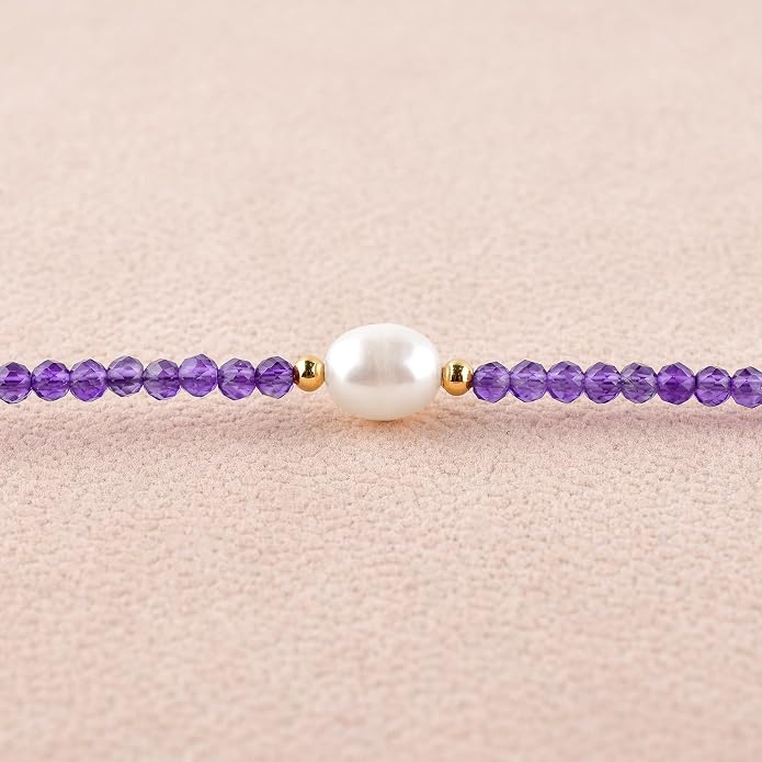 InfinityGemsArt Gemstone Gold Necklace For Women, Birthstone Natural Crystal Stone With Freshwater Pearl Beaded Jewelry, Gold Plated 18 Inch Chain