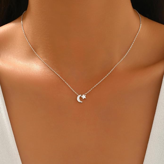 925 Sterling Silver Crescent Necklace for Women, Dainty Moon Star Choker Chain Necklace to Daughter Mother, 14k Gold Plated Moon and Star Charm Pendant Necklaces Jewelry Gift for Birthday Mother's Day