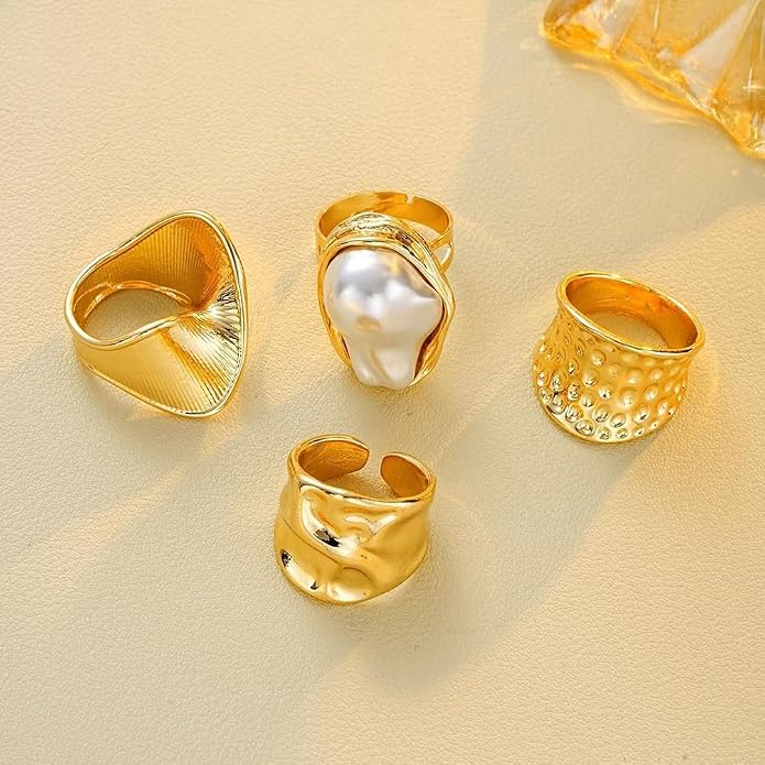 Chunky Gold Irregular Rings Stack Set for Women Statement Baroque Pearl Flower Stackable Knuckle Finger Ring Non Tarnish Boho Hammered Jewelry Gifts