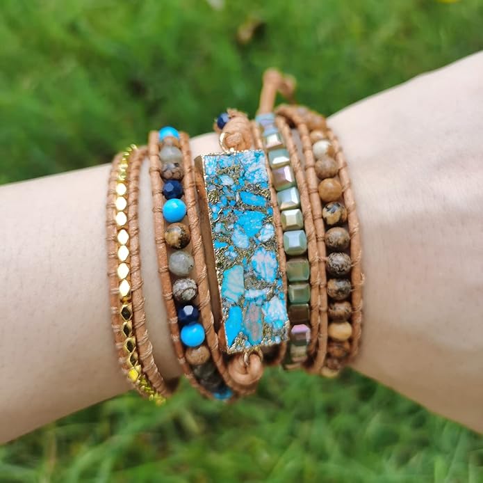 Women Wrap Bracelets Boho Natural Stone Jasper Turquoises Strand Bracelet Jewelry Collection