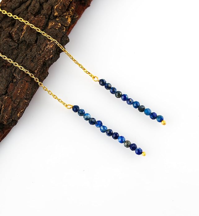 Natural Gemstone Threader Earrings for Women - Dainty 2mm Faceted Beads - Birthstone Crystal Drop Earrings - Silver Plated Healing Jewelry