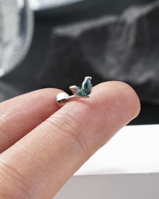 Jewseen Celtic knot&Butterfly Moss Agate Stud Earrings Dangle Internal Threaded Flat Back 16g 8mm Hypoallergenic 925 Sterling Silver Piercing Jewelry for Cartilage Lip Conch Tragus Helix