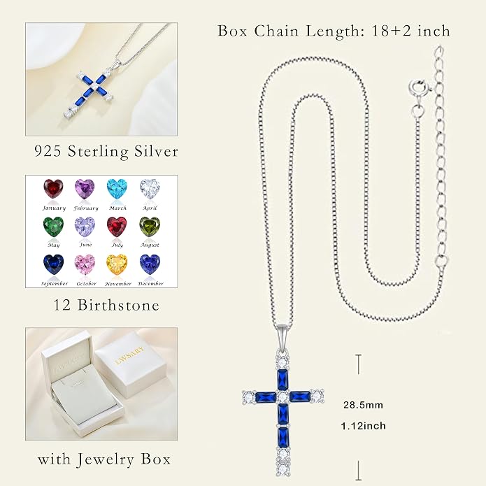 Birthstone Cross Necklace for Women 925 Sterling Silver Christian Religious Crucifix Pendant Rectangular Cut Birthstone Jewelry Gifts for Her
