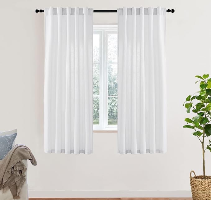 XTMYI White Sheer Curtains 68 Inches Long for Bedroom Living Room Dining Room,Linen Cotton Privacy Curtains for Kitchen Bathroom,40x68 Inch Length 2 Panels Set
