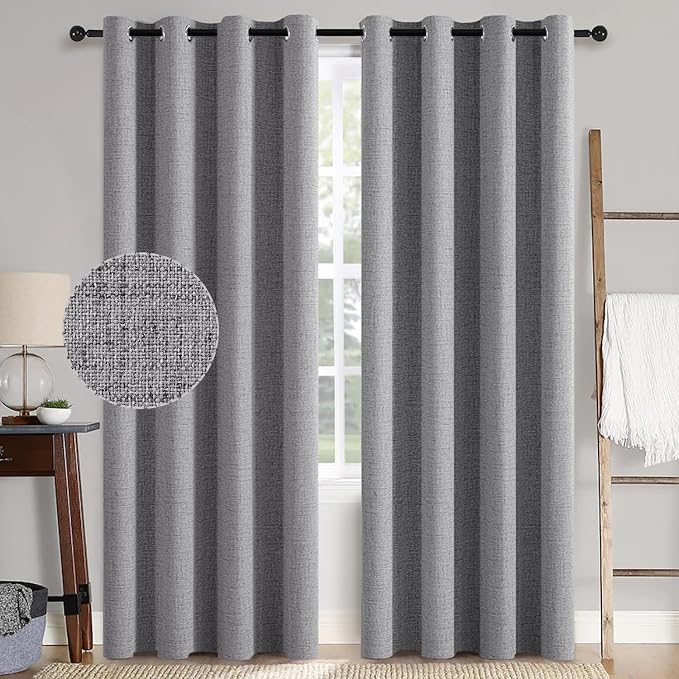 MIULEE Linen Texture Curtains for Bedroom Solid 100% Blackout Thermal Insulated Grey Curtains Grommet Room Darkening Drapes Luxury Decor for Living Room 52x72 Inch (2 Panels)