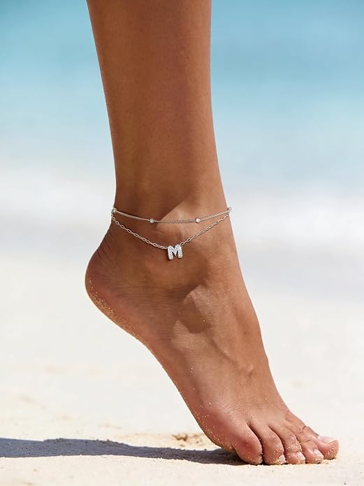 FindChic Silver/14K Gold Plated Layered CZ Initial Ankle Bracelet for Women | Waterproof Stainless Steel, Cubic Zirconia Letter Charm, Non-Tarnish, Hypoallergenic, Adjustable Extender, Summer Jewelry