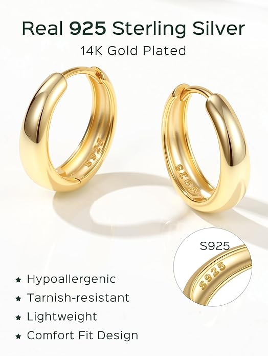 ChicSilver Solid 925 Sterling Silver Chunky Hoop Earrings for Women, Silver Small Thick Huggie Earrings Hypoallergenic Lightweight Silver Hoop Earrings for Sensitive Ears (8/10/12/14mm)