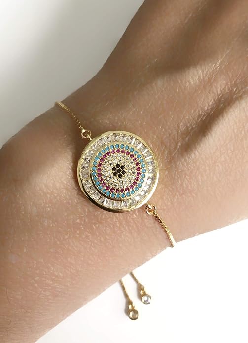 SIFRIMANIA Evil Eye Adjustable Sliding Bead Shiny Bracelet Lucky Charms Jewelry for Women of All Ages