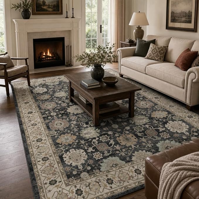 AMADA HOMEFURNISHING 8x10 Area Rug for Living Room, Vintage Washable Area Rug Low-Pile & Non-Slip Carpet for Bedroom Dining Room Nursery Home Office, Black/Brown