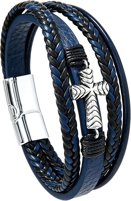 Men's Cross Leather Bracelet Vintage Christian Religious Faith Cuff Bangle Multi-Layer Braided Genuine Leather Wrap Wristband with Stainless Steel Clasp Jewelry for Women Him or Her