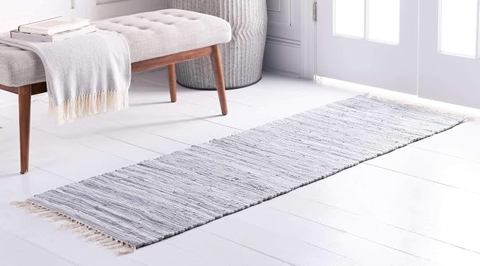 Unique Loom Chindi Cotton Collection Soft Hand Woven Natural Fiber Striped Area Rug, 2 ft 7 in x 9 ft 10 in, Gray/Ivory