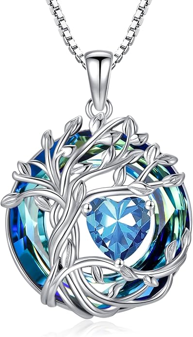TOUPOP Tree of Life Birthstone Necklace Sterling Silver Pendant Birthstone Necklaces with Blue Crystal Anniversary Birthday Jewelry for Women Mom Wife Her